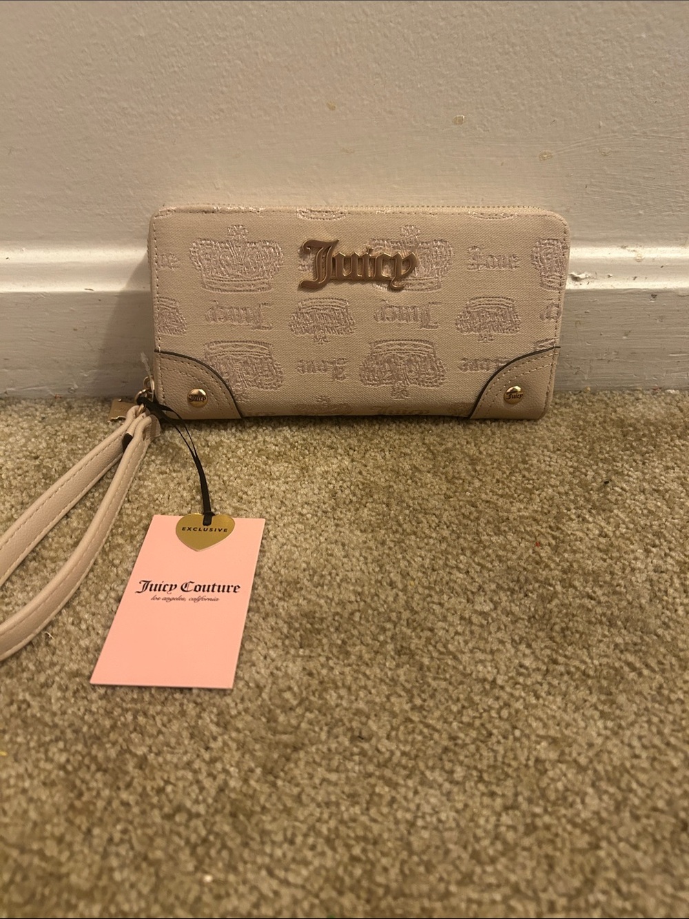 Juicy Couture Cream Monogram Zip Wristlet Wallet with Gold Logo